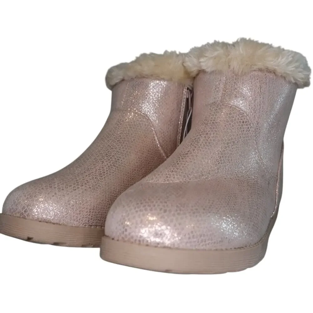 Cat & Jack Girls Pink Glitter Ankle Boots Faux Fur Cuff Winter Warm Kids Shoes 5